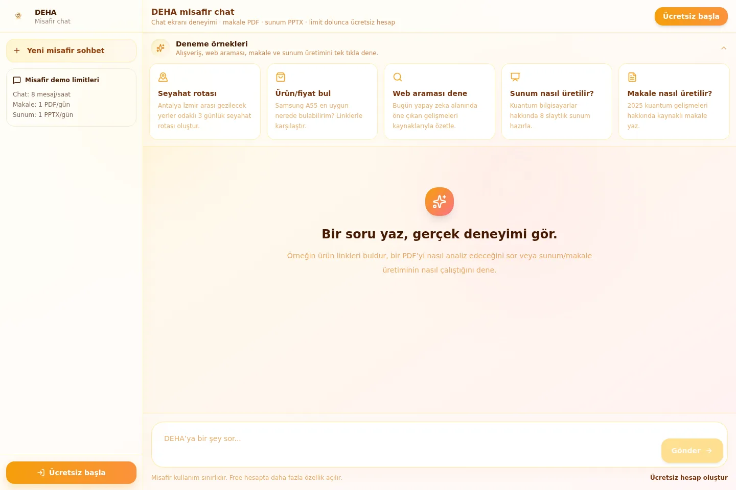 DEHA Türkçe yapay zeka misafir chat ekranında seyahat, alışveriş, web araması, sunum ve makale örnekleri